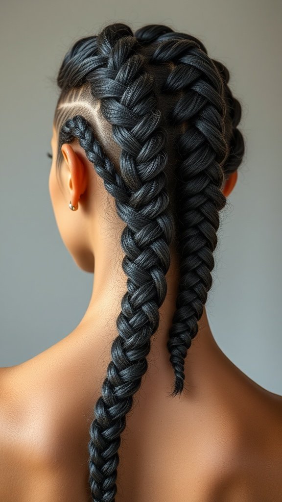 A close-up view of a woman's back showcasing intricate knotless braids.