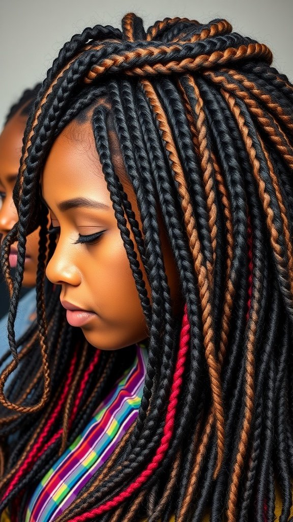 A close-up of a woman with knotless braids featuring curls, showcasing a blend of black, brown, and red colors.