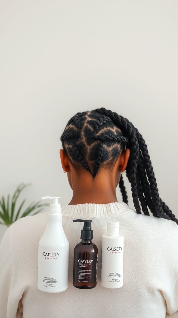 Back view of a person with short boho knotless braids, showcasing hair care products for maintenance.