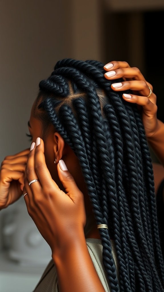 Close-up of a person getting their medium knotless box braids styled, showcasing neat parts and smooth texture.