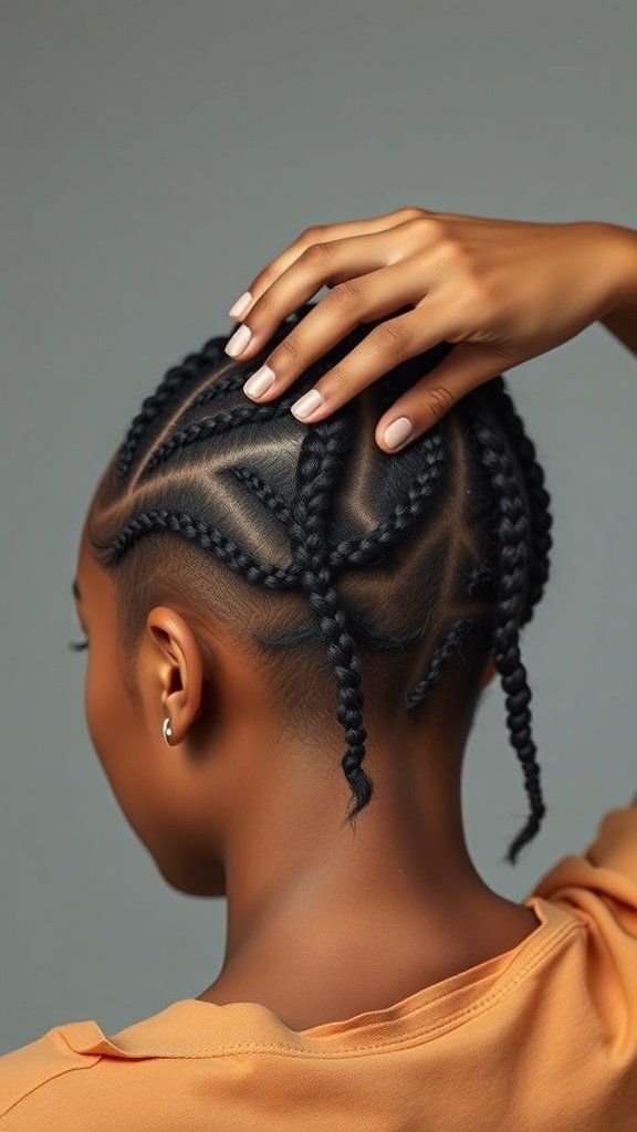 A close-up view of a person's hair styled in knotless braids, showcasing intricate patterns and neat sections.