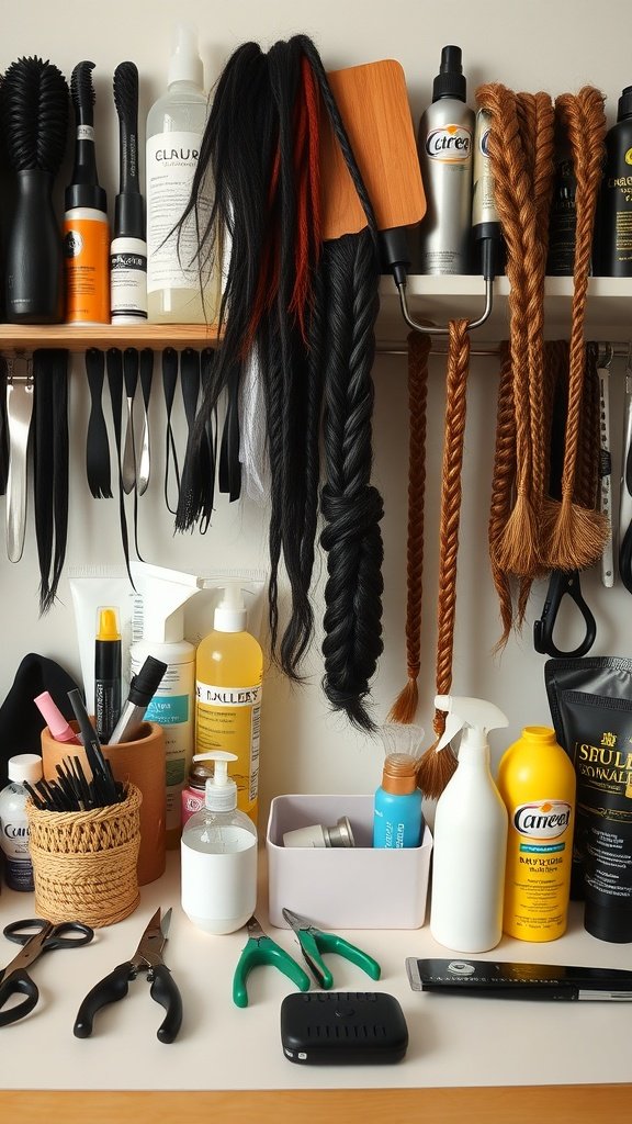 A collection of hair products and tools for preparing jumbo knotless box braids, including hair extensions, scissors, and styling products.