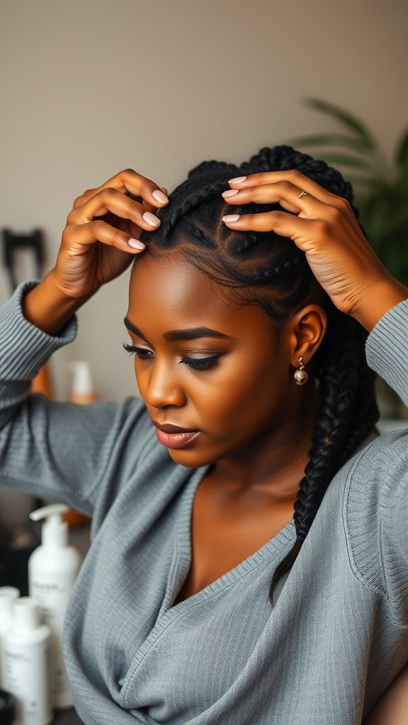 A woman preparing her hair for knotless braids, focusing on her hairstyle in a cozy setting.
