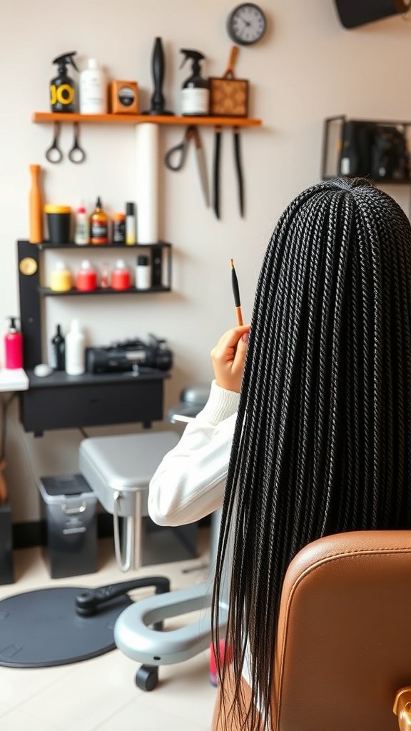 A person preparing for small knotless box braids in a salon, showcasing neat braids and a well-organized workspace.