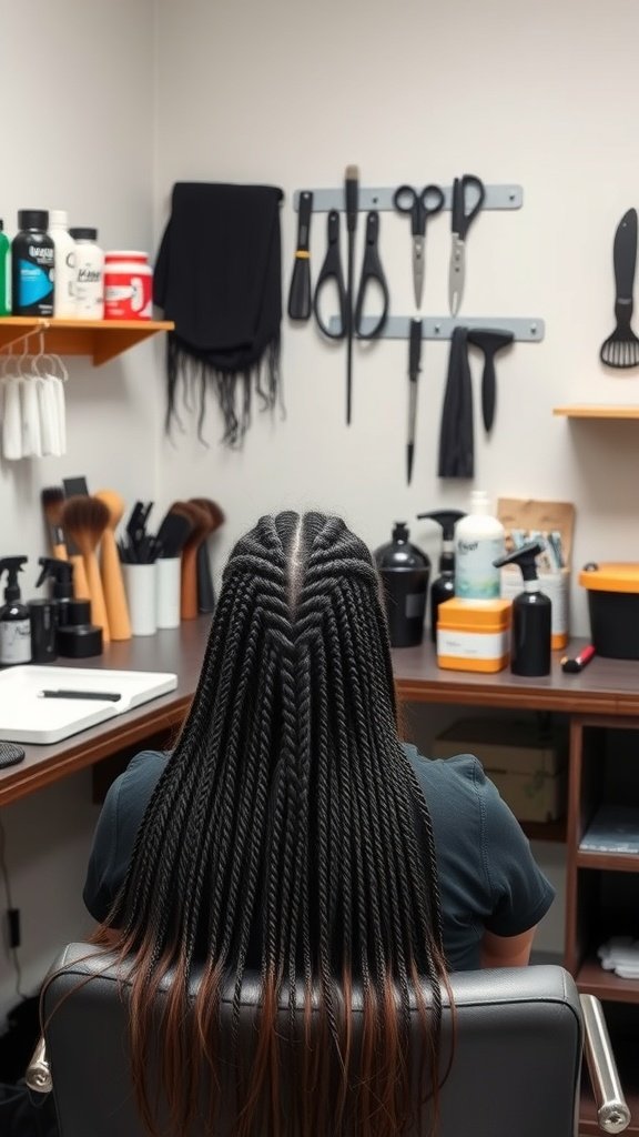 A person sitting in a salon chair with their hair parted and prepped for knotless box braids, surrounded by hair products and tools.
