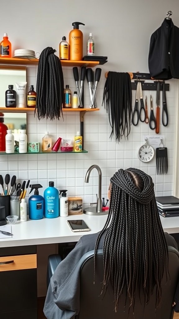 A salon space with hair products and tools, preparing for small knotless box braids installation.