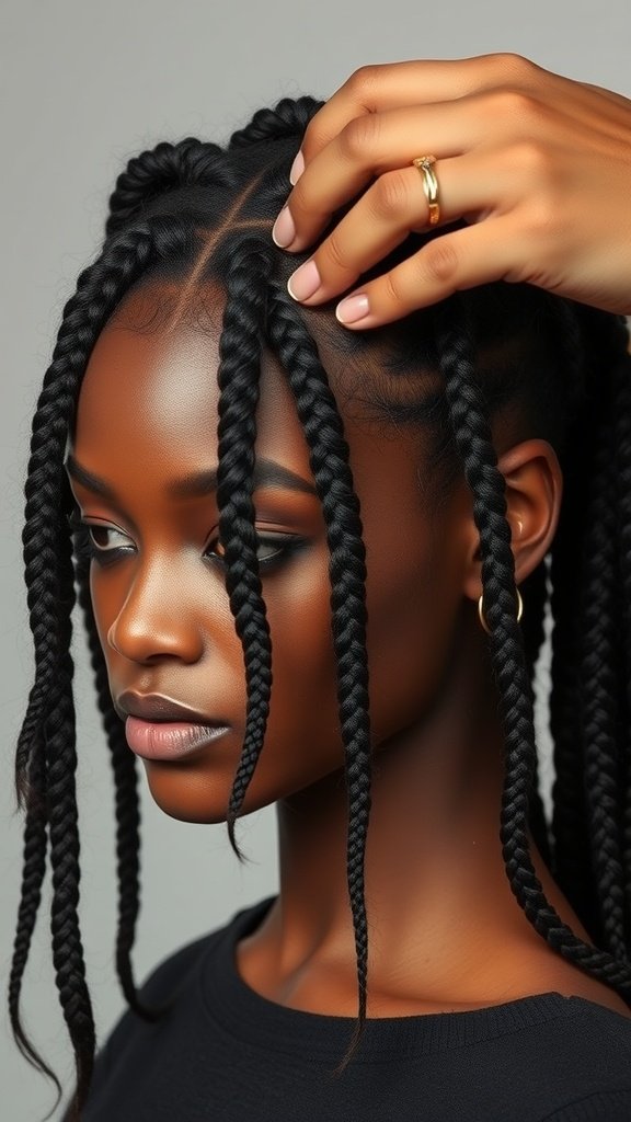 A model preparing for jumbo boho knotless braids, showcasing neatly sectioned hair.