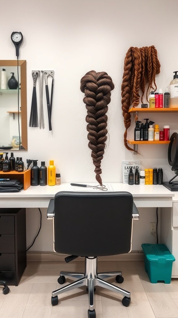 A salon setup with tools and products for braiding hair, featuring a large braid display.