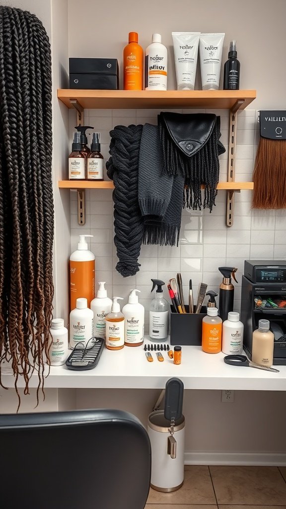 A well-organized hair styling station with various hair products and tools for preparing medium knotless braids.