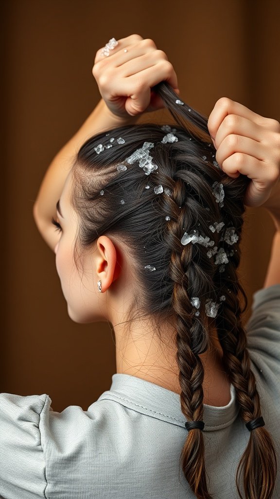 A person preparing their hair for braiding, showing two braids and hair products.