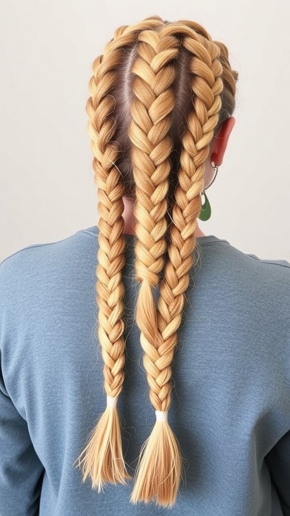 A person with honey blonde knotless braids, showcasing two neat braids tied at the ends.