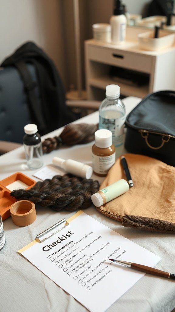A table with hair products, extensions, and a checklist for preparing for a knotless braiding appointment.