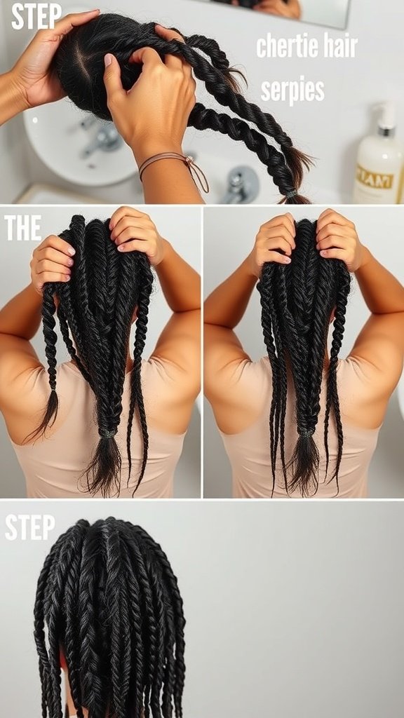 Step-by-step preparation of natural hair for knotless box braids, showing sectioning and twisting techniques.