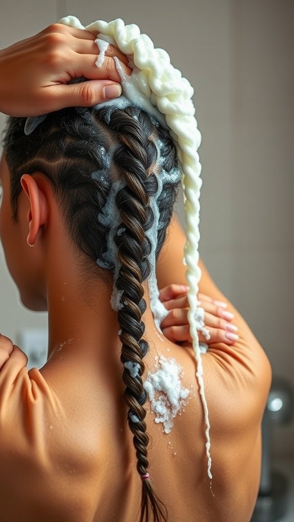 A person washing their hair in preparation for braiding, showcasing a clean and healthy hair routine.