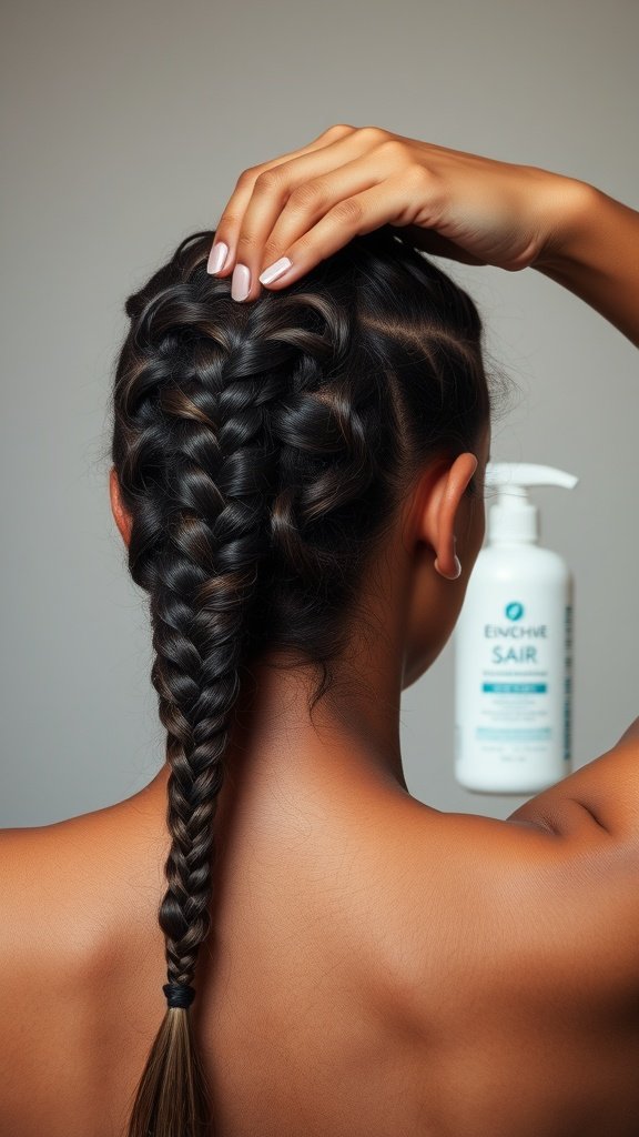 A woman preparing her hair for braiding, showcasing a neat braid and a hair product in the background.