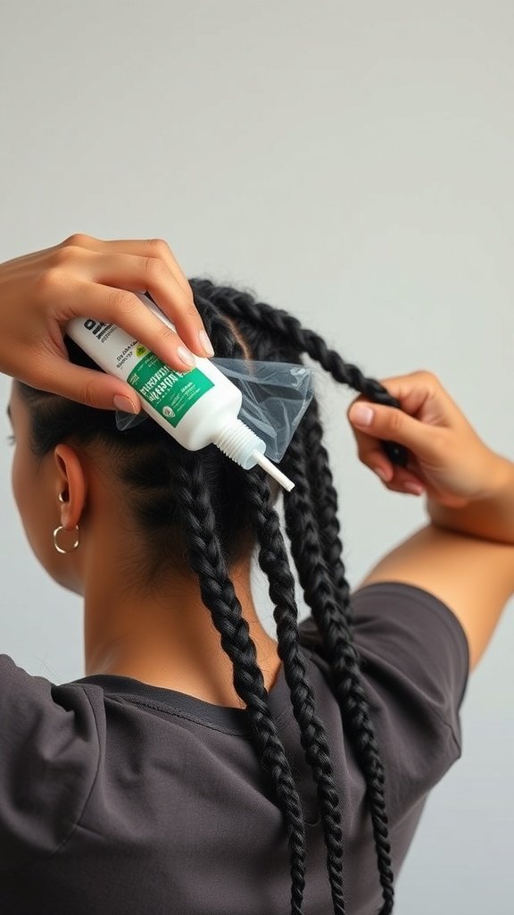 A person applying product to their hair while preparing for braiding.