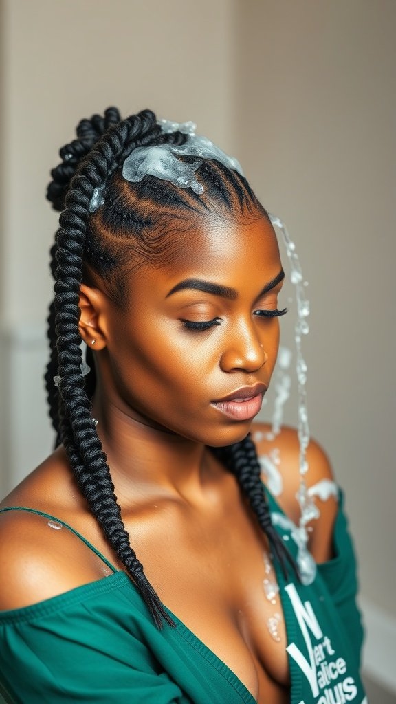 A model with medium knotless twist braids, showcasing hair preparation with gel.