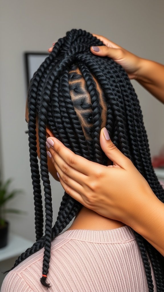 A close-up of a person's hair being prepared for knotless box braids, showing neat sections and hands gently holding the hair.