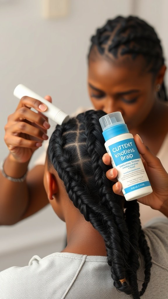 A stylist preparing hair for knotless braids with curly ends, applying product for hydration.