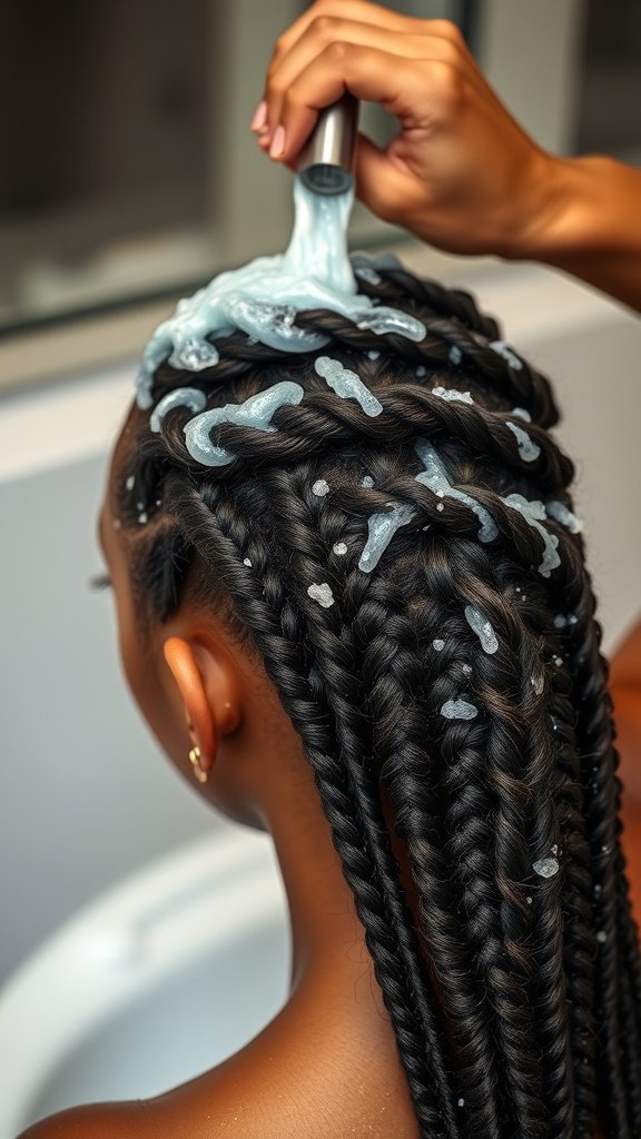 A person applying product to their braided hair in preparation for styling.