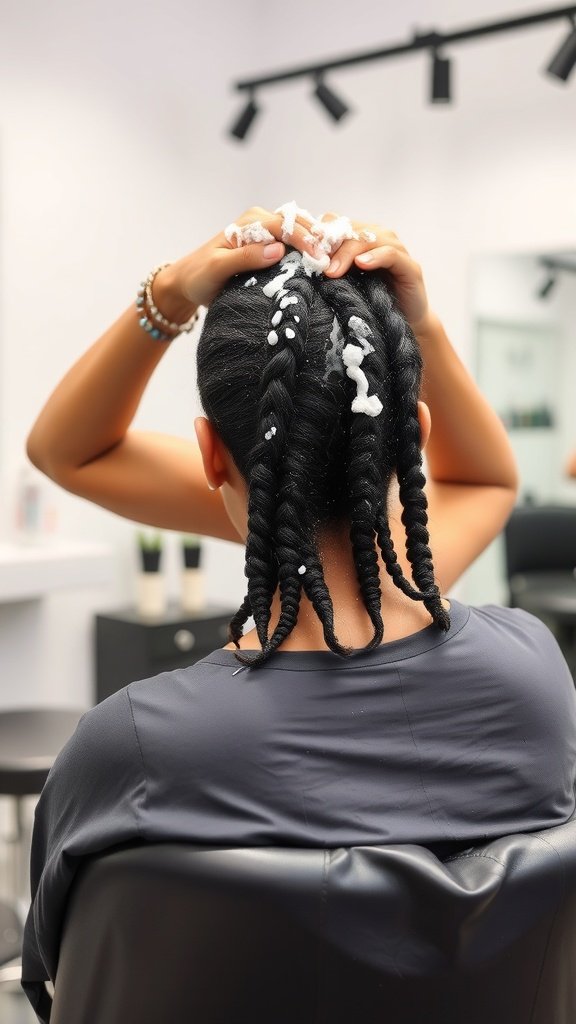 A person preparing their hair for braiding with sections and product applied.