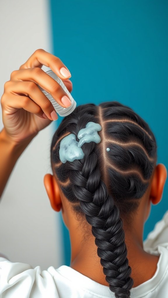 A person applying product to their hair in preparation for braiding.
