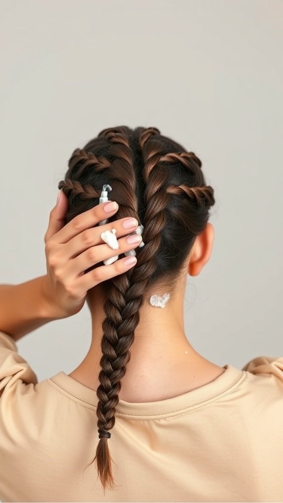 A close-up of a person with braided hair, showcasing neat braids and hair care products.