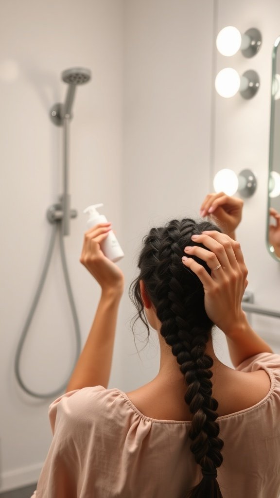A person preparing their hair for braiding, holding a hair product in a bathroom setting.
