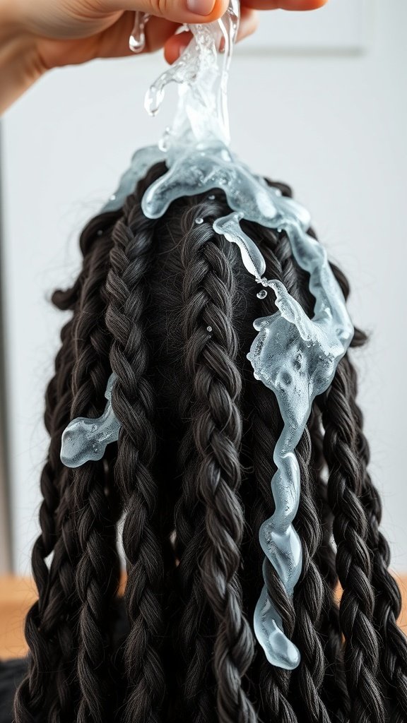 A person applying product to braided hair, showcasing preparation for knotless braids.