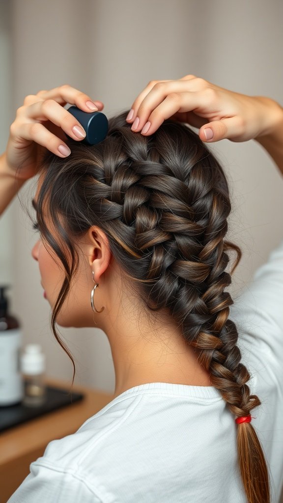 A person preparing their hair for braiding, showcasing a neat braid and styling products.
