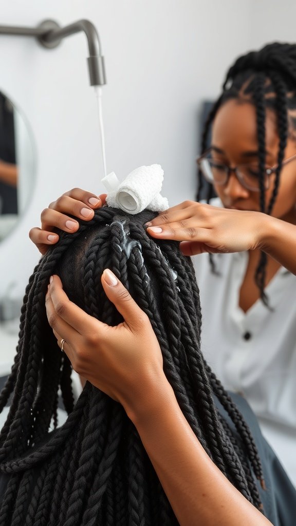A stylist preparing hair for knotless braids, focusing on the scalp and hair texture.