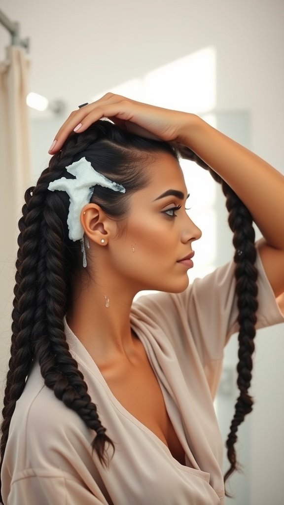 A woman preparing her hair for knotless braids, showcasing braided hair and applying product.