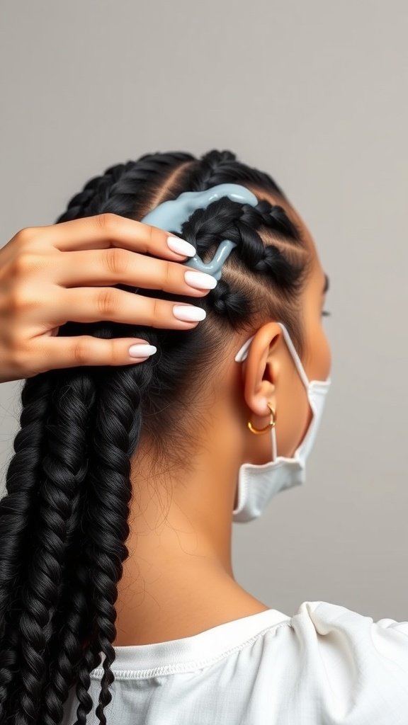 A close-up of a person preparing their hair for small knotless braids, showing neatly styled sections and a hair clip.