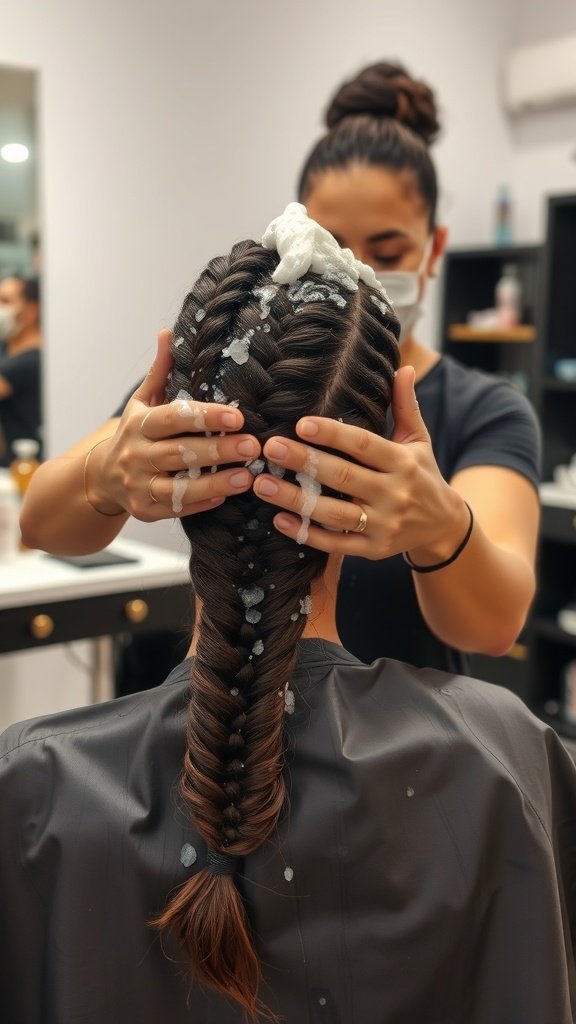 A stylist washing hair in preparation for knotless braids