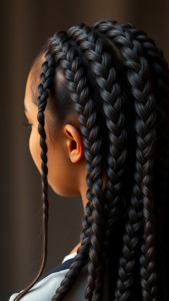A close-up view of neatly braided hair, showcasing the intricate patterns of knotless braids.