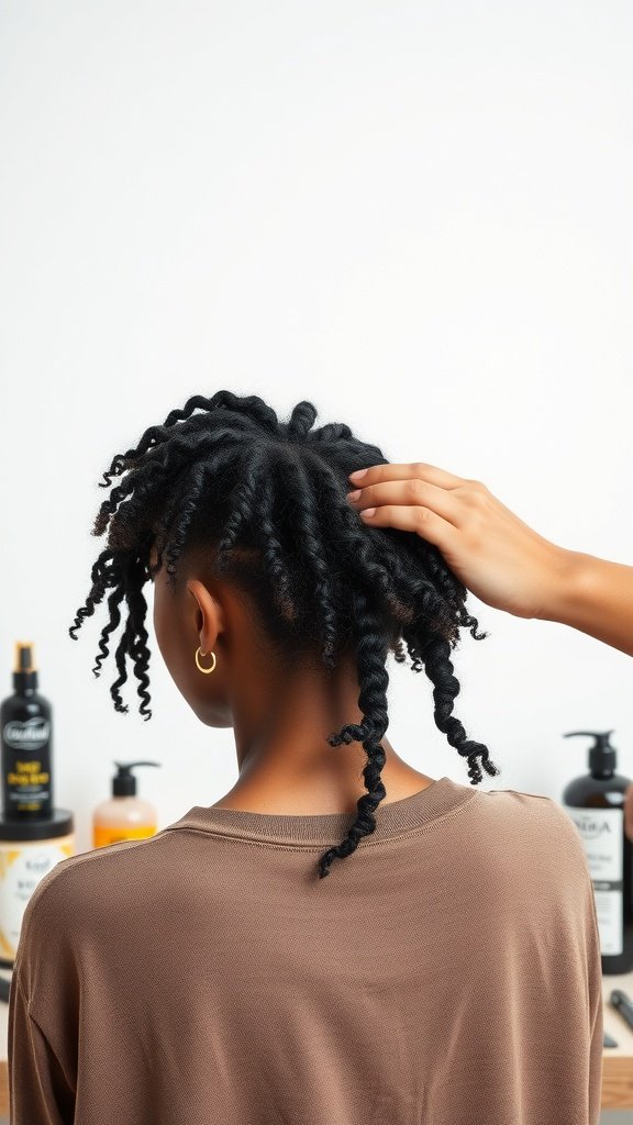 A person preparing natural hair for braiding, showcasing twists and hair care products in the background.