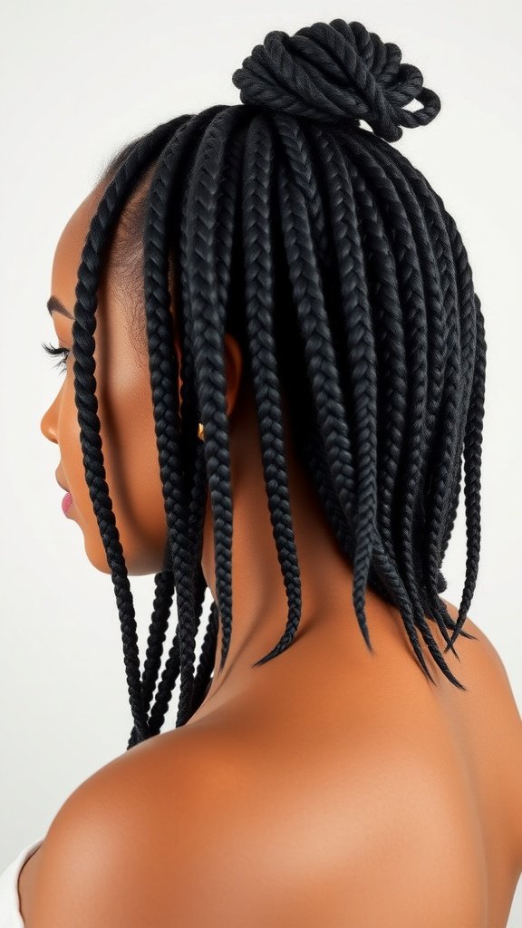 A woman showcasing large knotless box braids styled in a top knot.