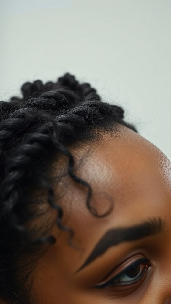 Close-up of a person's hair styled in knotless braids with natural curls framing the face.