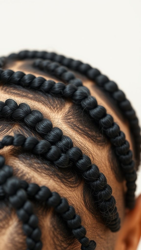 Close-up of a scalp with short knotless box braids