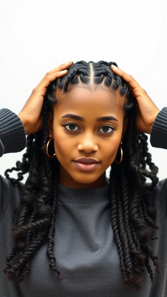 A woman with short knotless braids and curly ends, showcasing a stylish protective hairstyle.