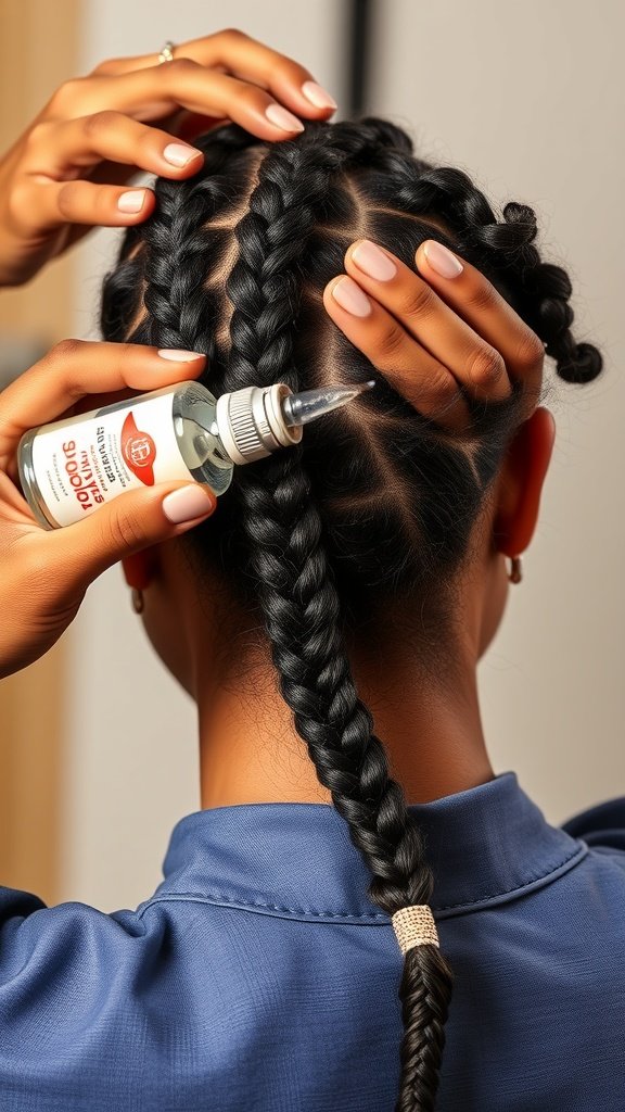 A close-up of a person applying oil to their scalp while wearing medium knotless braids.