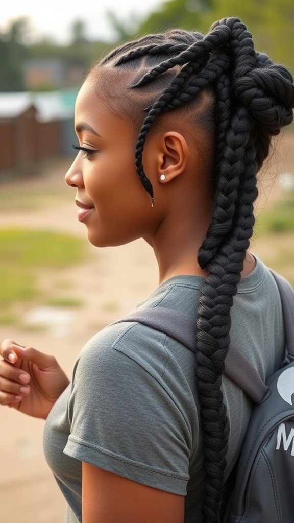 A woman with knotless braids styled elegantly, showcasing the protective benefits of this hairstyle.