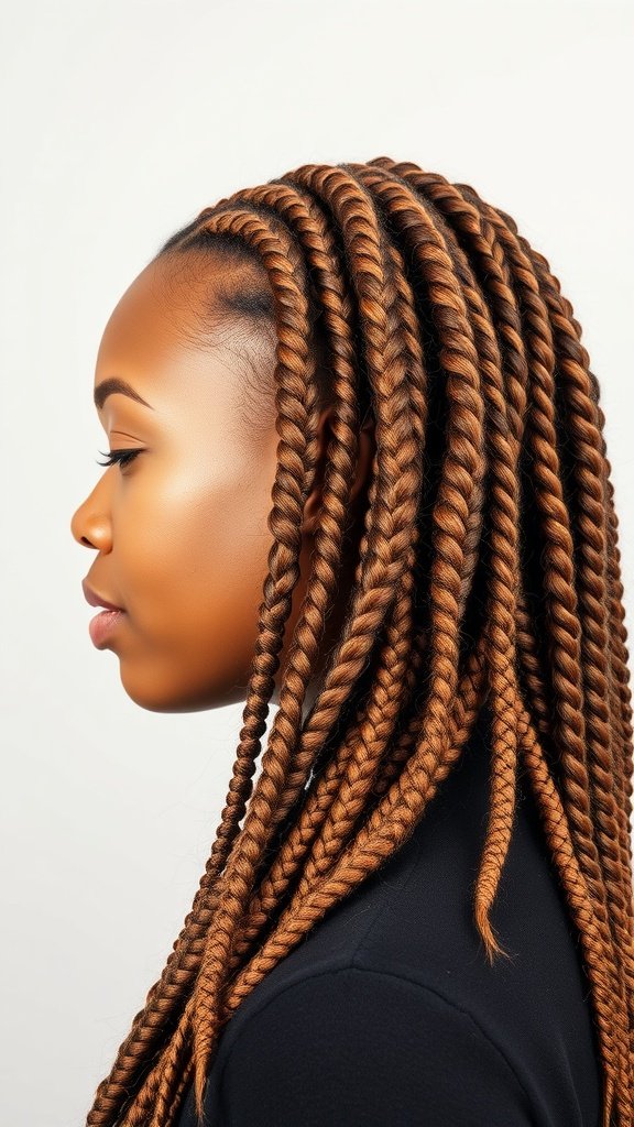 A profile view of a person with honey brown knotless braids, showcasing the smooth texture and protective style.