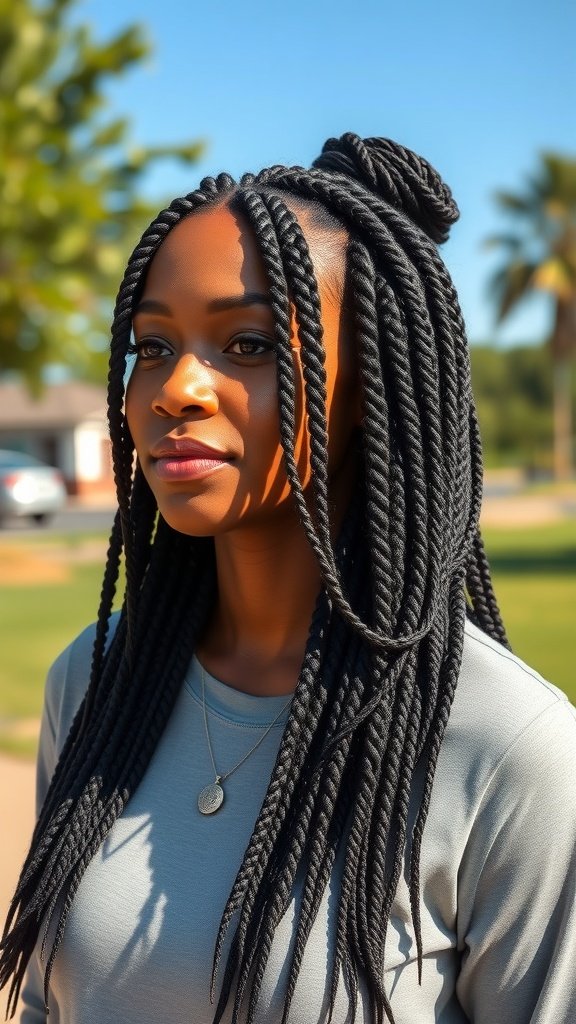 A woman with large knotless box braids styled in a half-up, half-down look, standing outdoors.