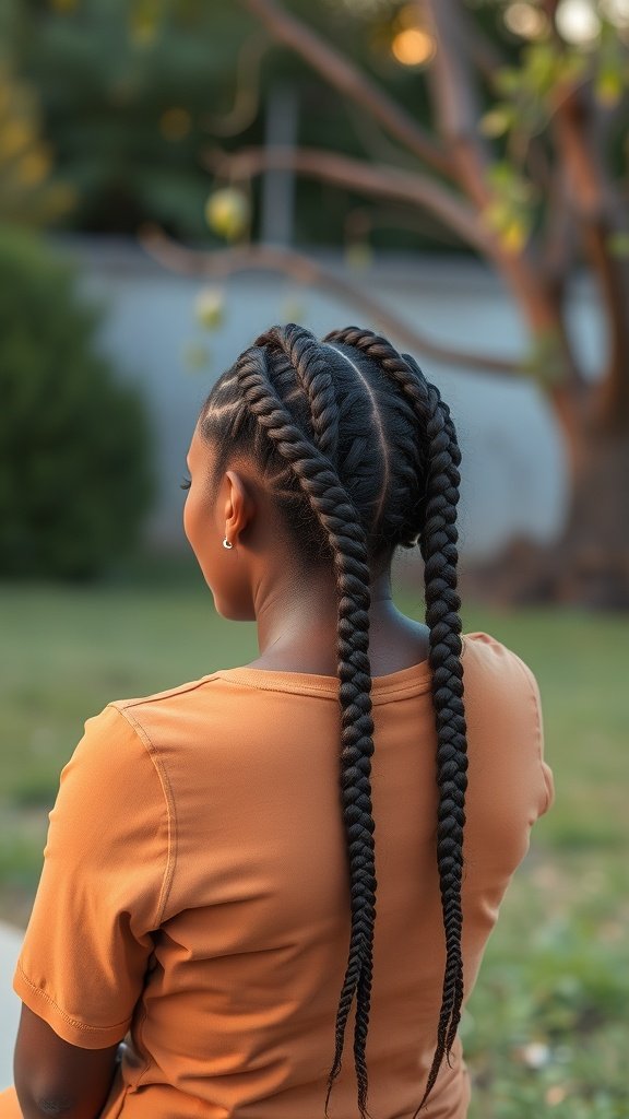 A woman with honey brown knotless braids styled in a protective hairstyle, sitting outdoors.