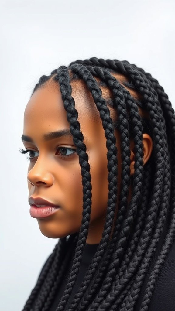 A close-up of a person with medium knotless braids, showcasing the protective style.