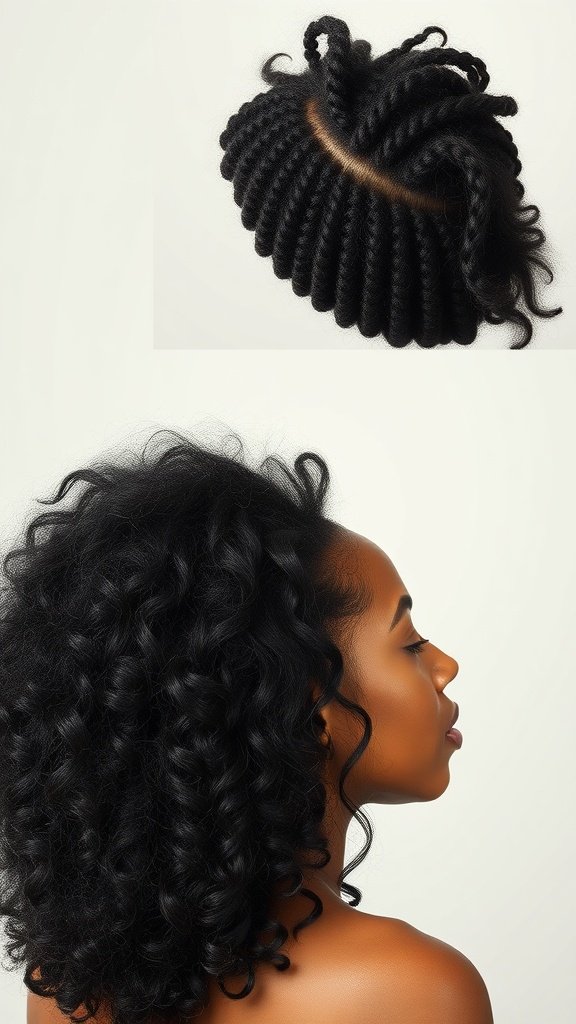 A woman with beautiful curly hair styled in lemonade braids, showcasing a protective hairstyle.