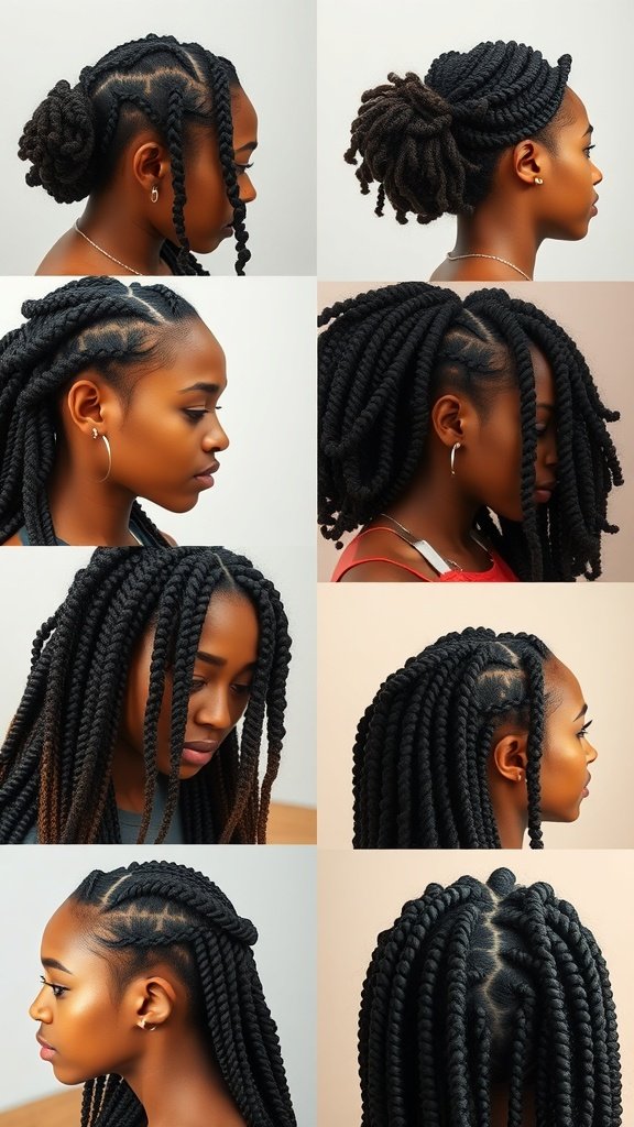 A collage of big knotless box braids showcasing different styles and angles.