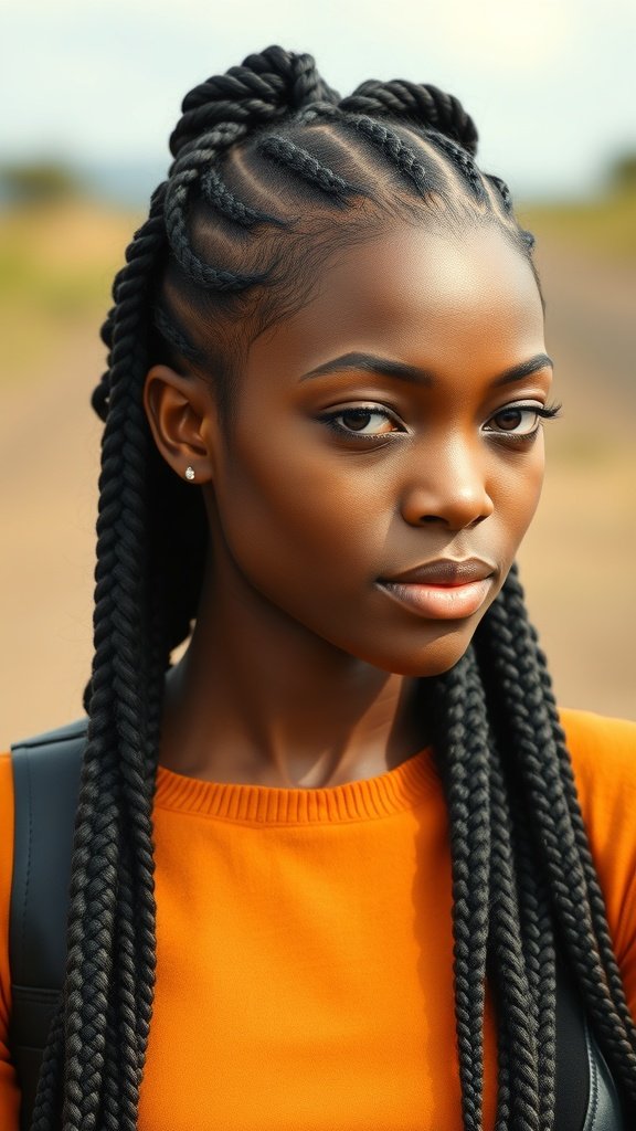 A woman with long knotless braids, showcasing a stylish protective hairstyle.