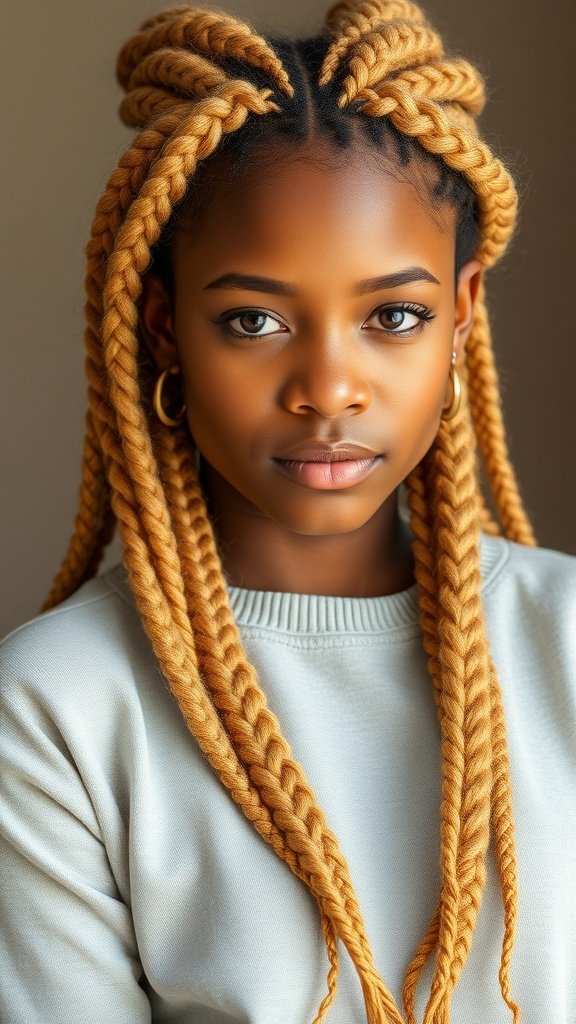 A young person with honey blonde knotless braids, wearing a light sweater.